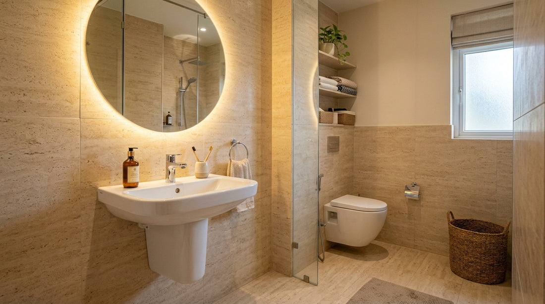 Compact Bathroom Layout featuring White Ceramic Half Pedestal Wash Basin and Wall Hung Toilet