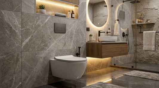 Concealed Flush Tank Actuator Plate and Wall Hung Toilet in Modern Bathroom