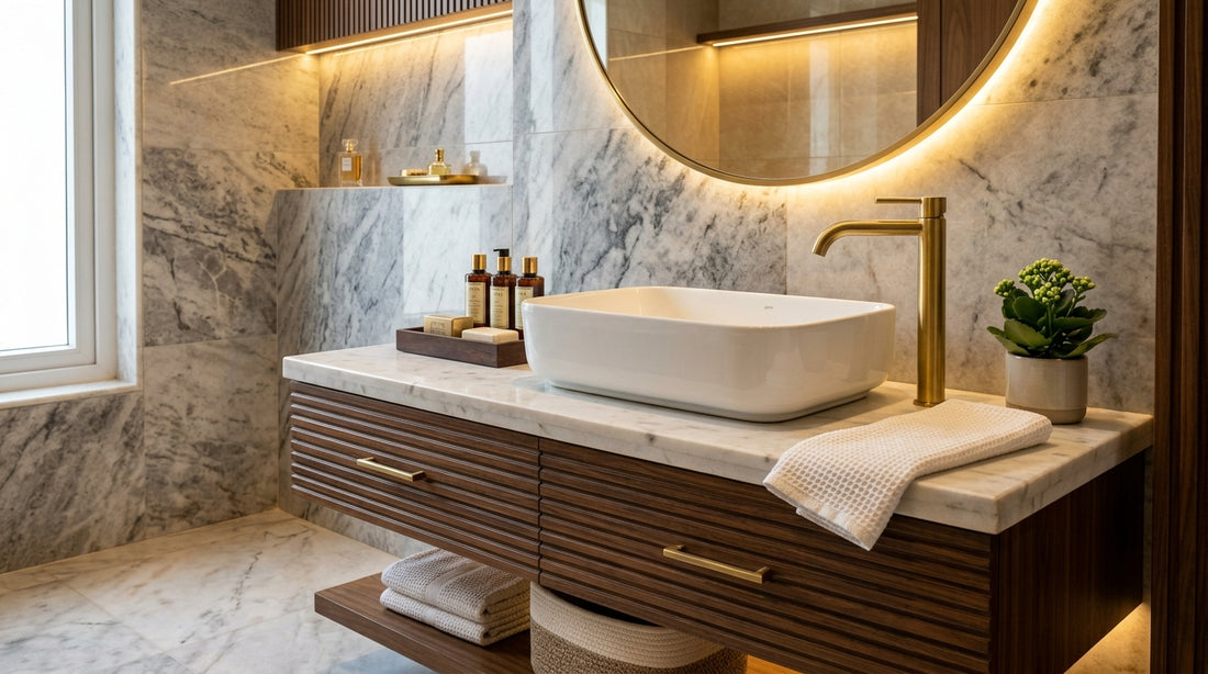 Single Lever Tall Body Basin Mixer Tap installed next to Countertop Vessel Basin