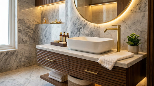 Single Lever Tall Body Basin Mixer Tap installed next to Countertop Vessel Basin